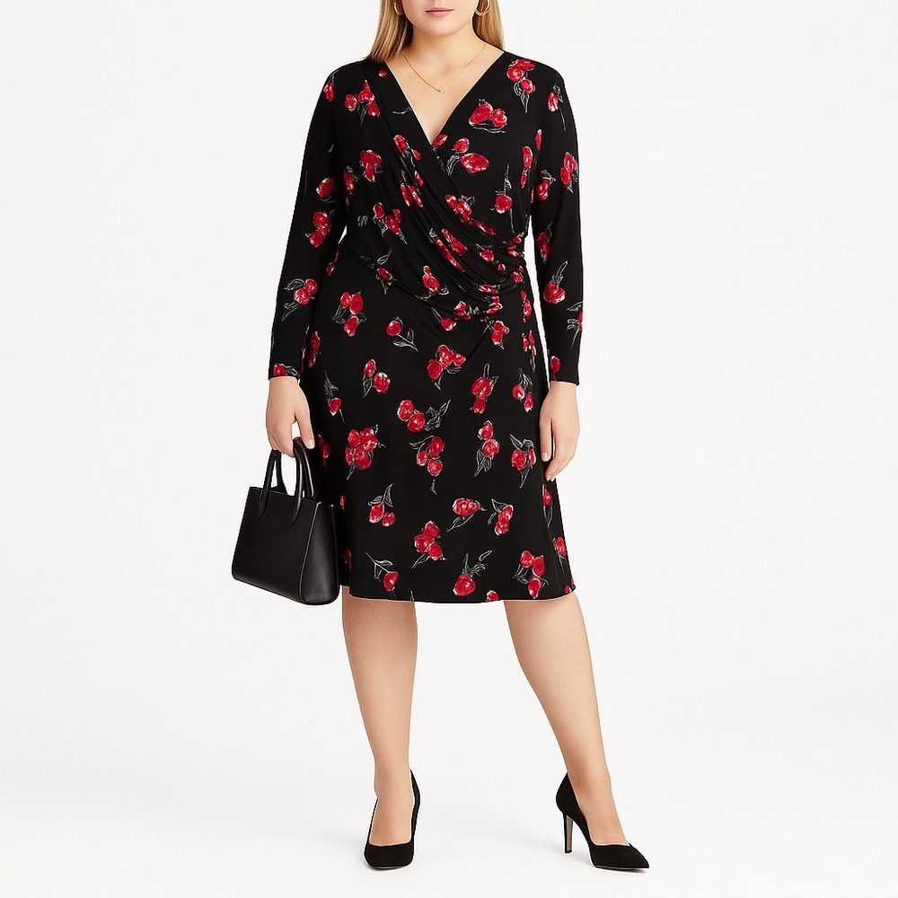 American Living Black Red Floral Long Sleeve Faux Wrap‎ Dress Size 12 Large